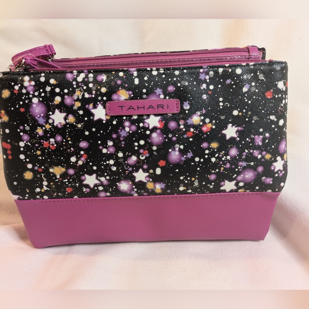Tahari Fuchsia Pyramid Case Travel Toiletries Makeup Bag 3 Fold Organizer